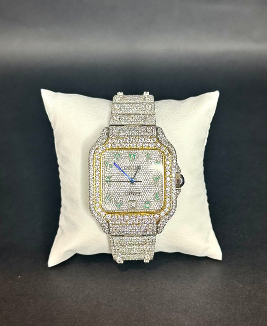 Two Tone Yellow with Teal Arabic Numbers Santos Diamond Moissanite Automatic Watch