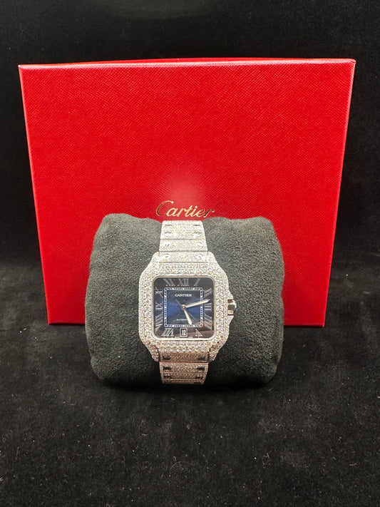 All White Santos with Blue Background Diamond Moissanite Automatic Watch