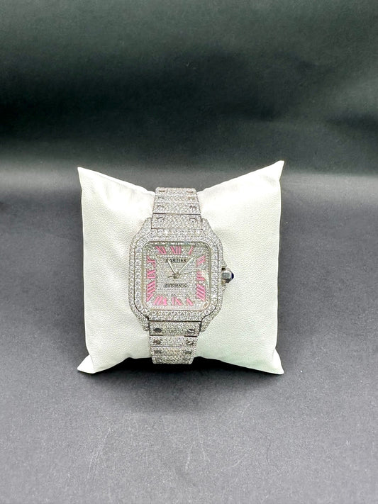 36MM All White with Pink Numbers Santos Diamond Moissanite Automatic Watch Women's