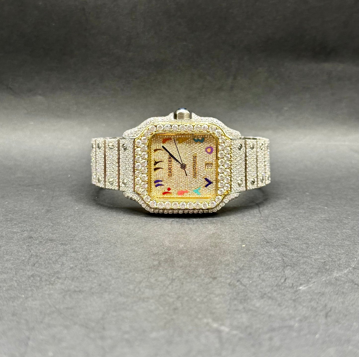 Two Tone Yellow with Rainbow Numbers Diamond Moissanite Automatic Watch