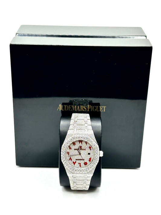 All White with Red Arabic Numbers AP Diamond Moissanite Watch