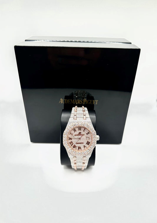 Two-Tone Rose Gold AP Diamond Moissanite Watch with Roman Numeral Dial