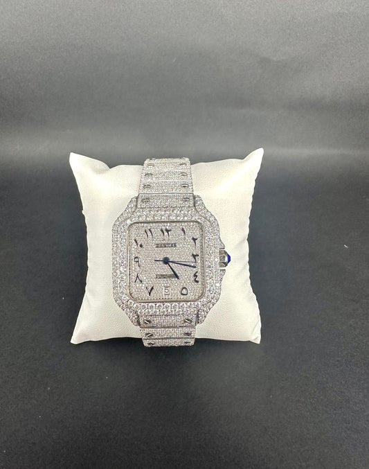 All White with Black Arabic Numbers Santos Diamond Moissanite Automatic Watch