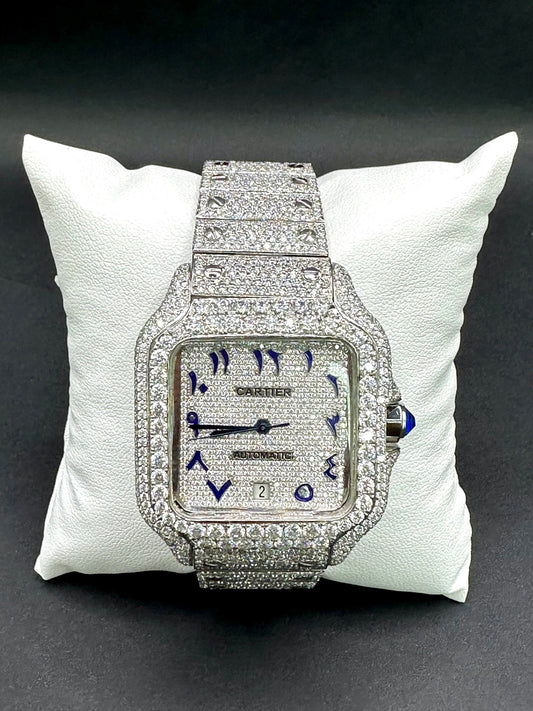 All White with Blue Arabic Numbers Santos Diamond Moissanite Automatic Watch
