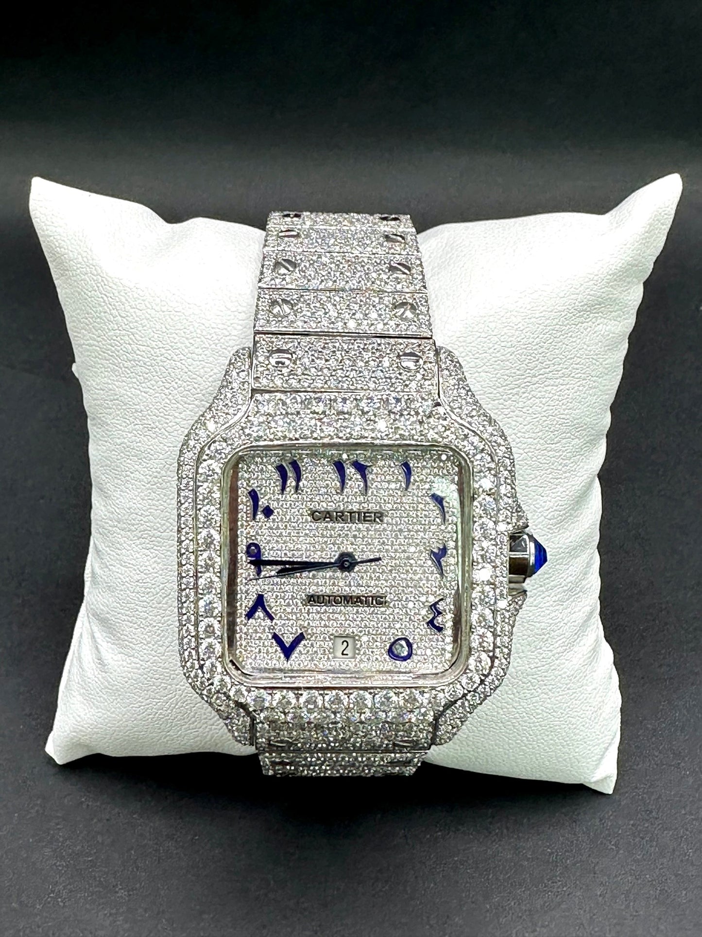 All White with Blue Arabic Numbers Santos Diamond Moissanite Automatic Watch