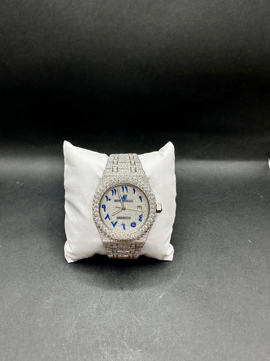 All White with Blue Arabic Numbers Royal Oak Diamond Moissanite Watch