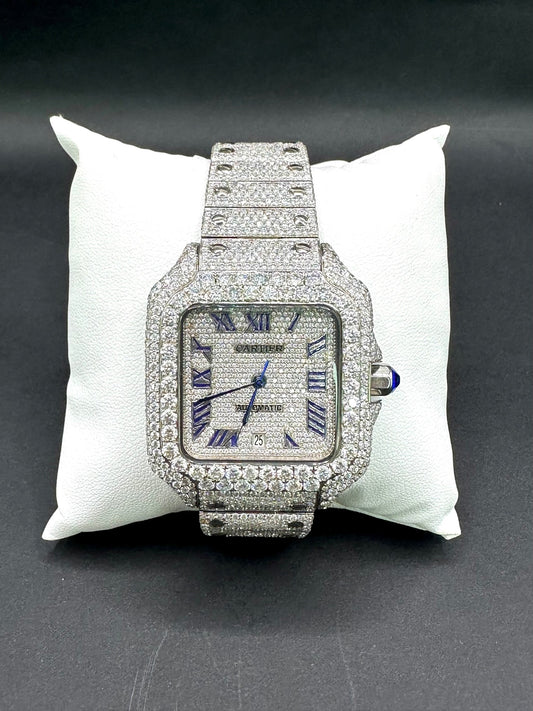 All White with Blue Roman Numeral Numbers Santos Diamond Moissanite Automatic Watch