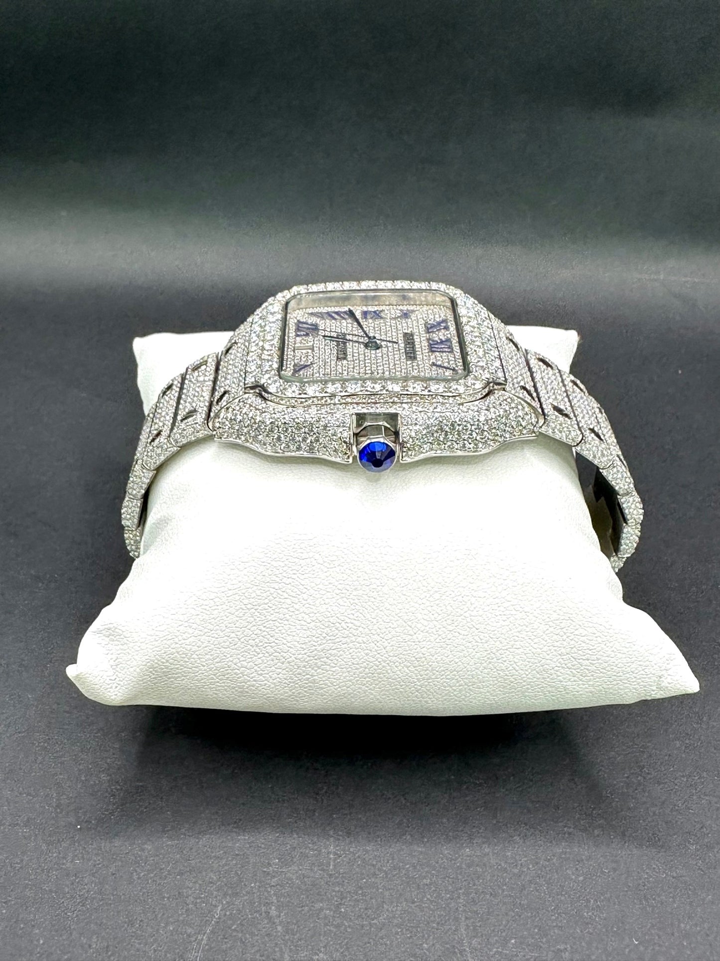 All White with Blue Roman Numeral Numbers Santos Diamond Moissanite Automatic Watch