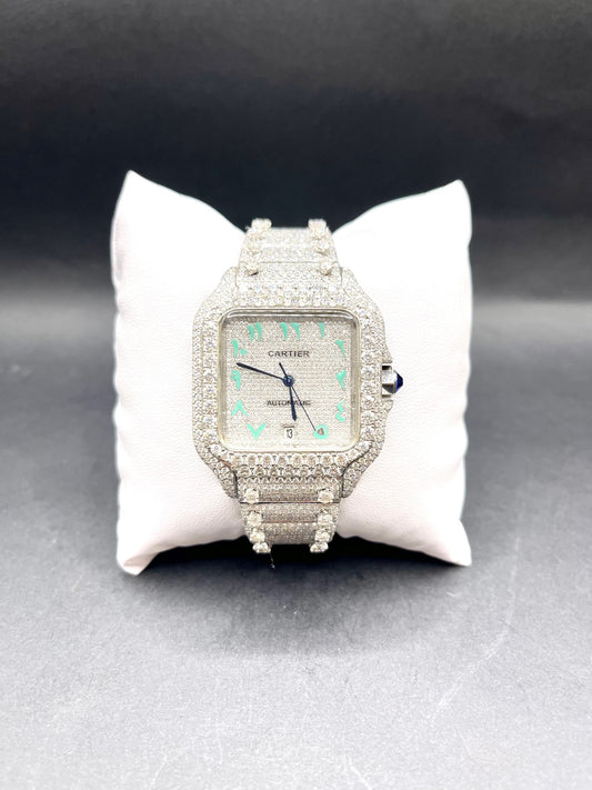 All White with Teal Arabic Numbers Santos Diamond Moissanite Automatic Watch