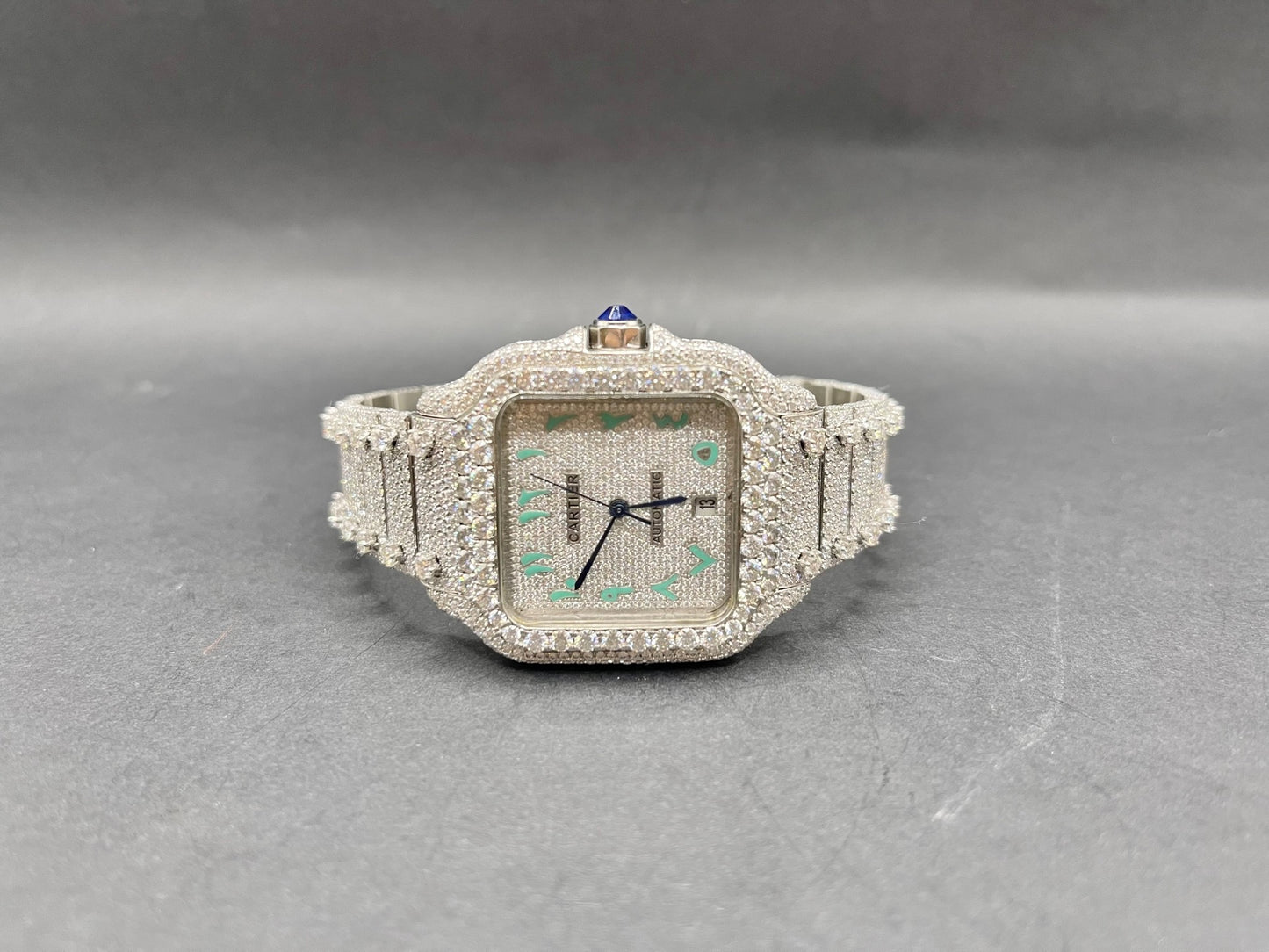 All White with Teal Arabic Numbers Santos Diamond Moissanite Automatic Watch