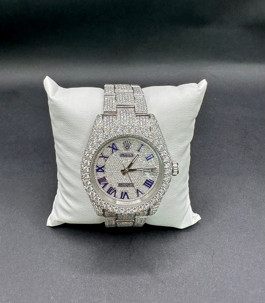 All White with Blue Roman Numbers Oyster Diamond Moissanite Watch