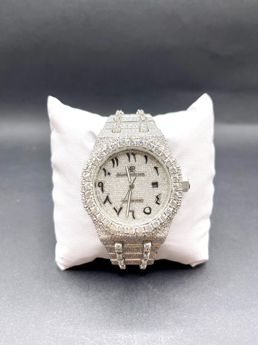 All White with Black Arabic Numbers Diamond Moissanite Automatic Watch