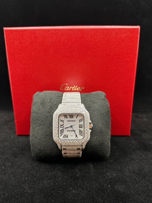 All White Santos Diamond Moissanite Automatic Watch