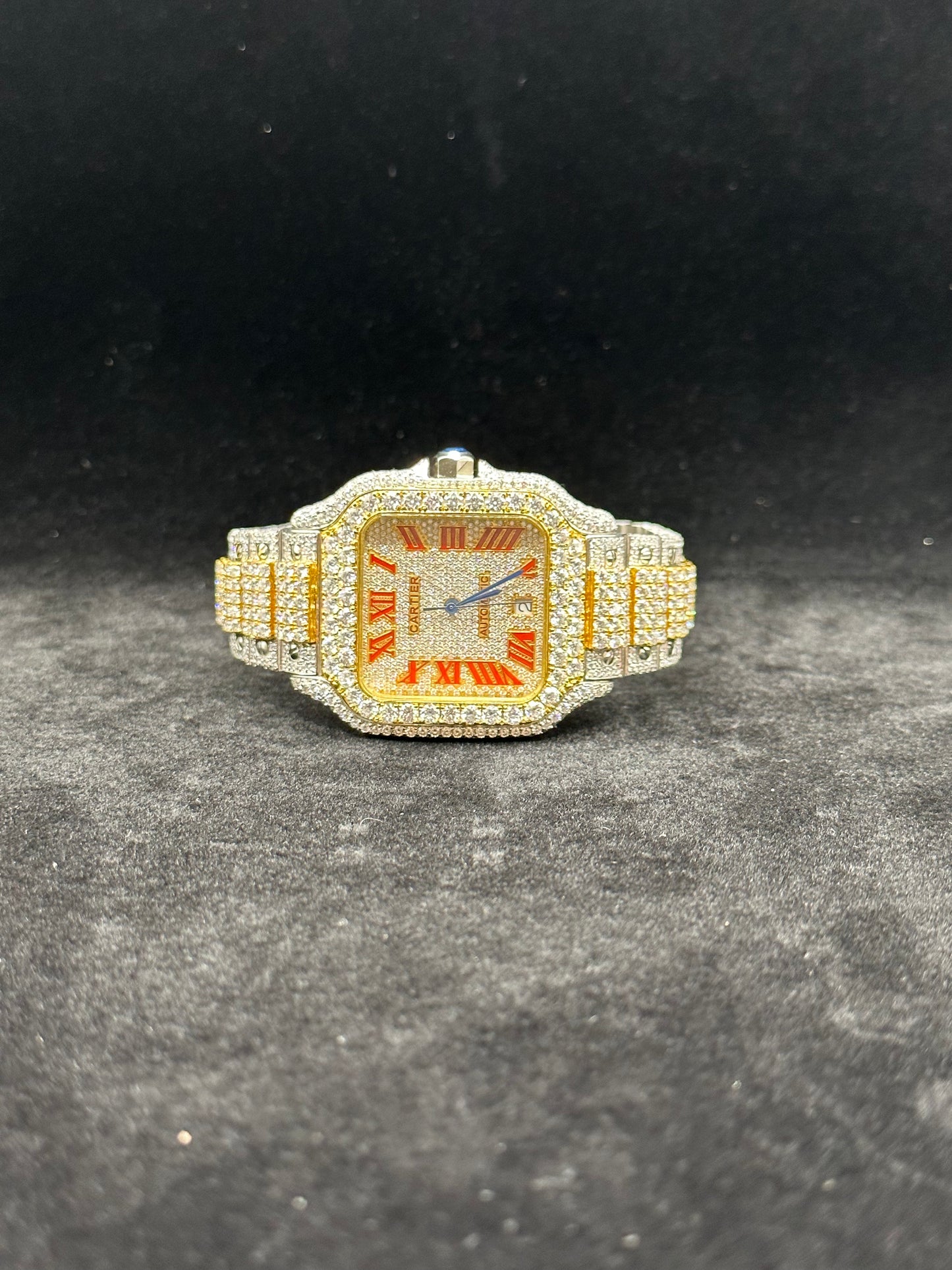 Two-Tone Yellow & White with Red Numbers Diamond Moissanite Automatic Watch