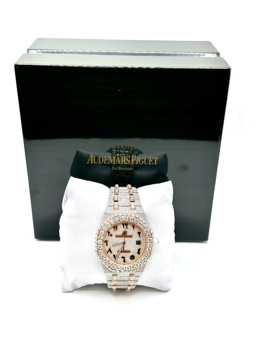 Two-Tone Rose Royal Oak Diamond Moissanite Automatic Watch with Arabic Numbers