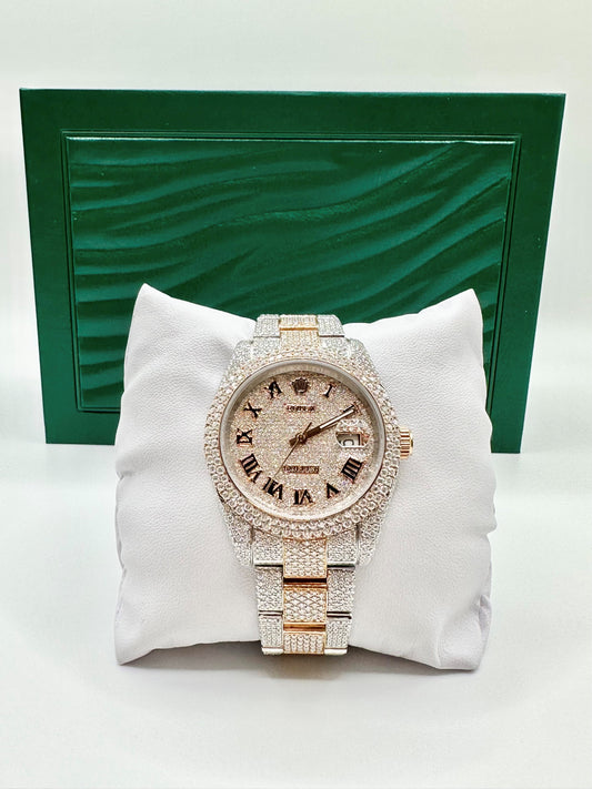 Two-Tone Rose Gold Diamond Moissanite Watch with Roman Numeral Dial